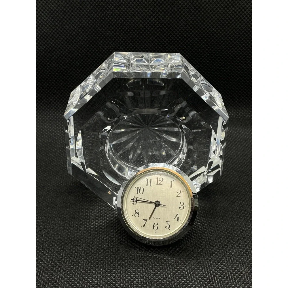 Vintage Waterford Crystal Octagon Desk Clock‎ Paperweight Diamond Cut 2.75